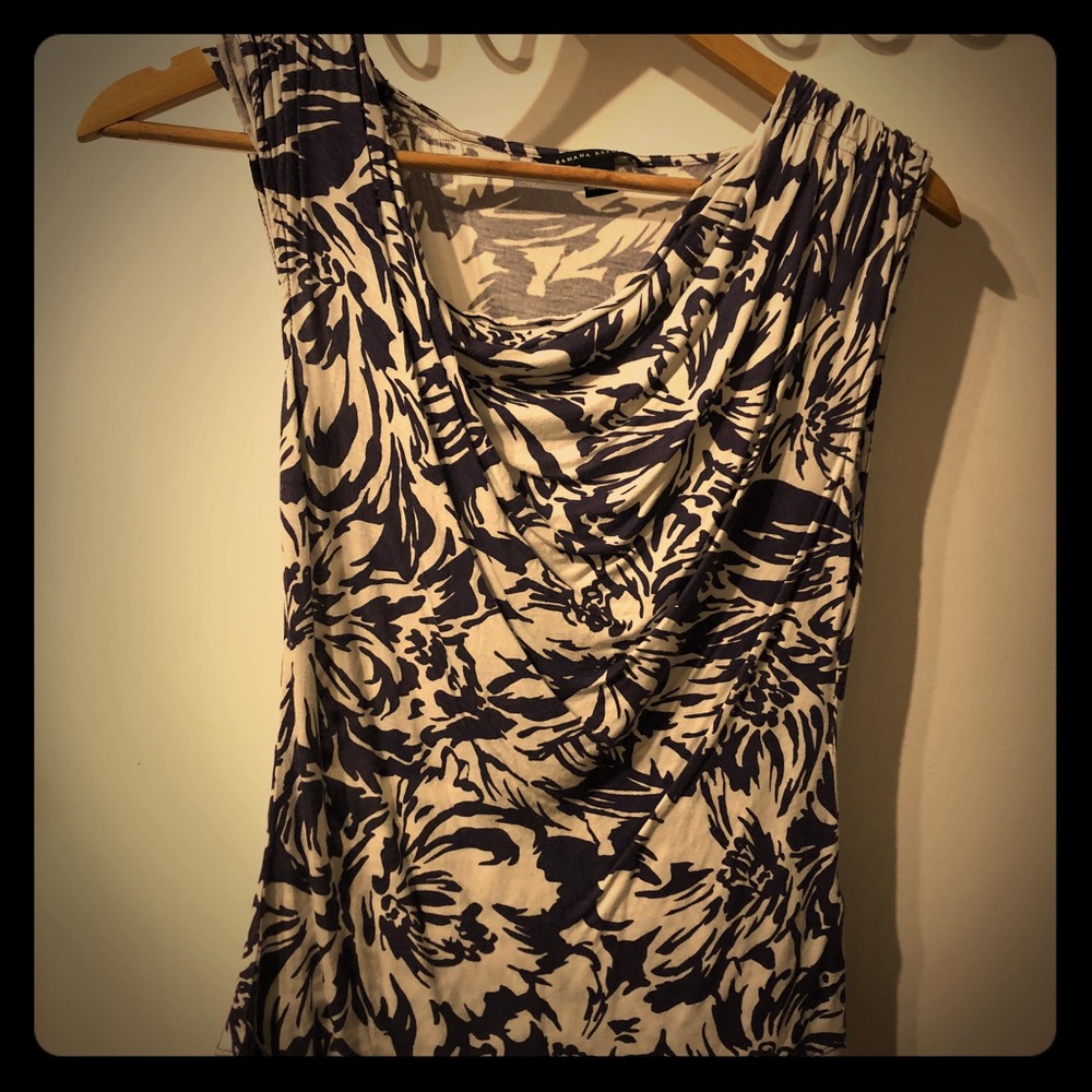 Jersey knit purple and white floral gathered top